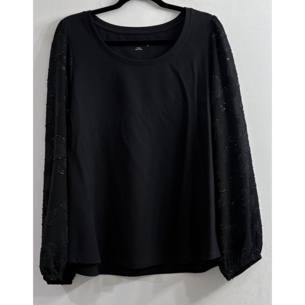 NEW Soft Surroundings Womens XL Emilie Top Black Gold Embroidered Balloon Sleeve